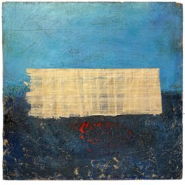 Barrier by Fr. Bill Moore sscc, Fr. Bill Moore Barrier painting, acrylic on wood panel art, small square abstract painting, framed modern wall art