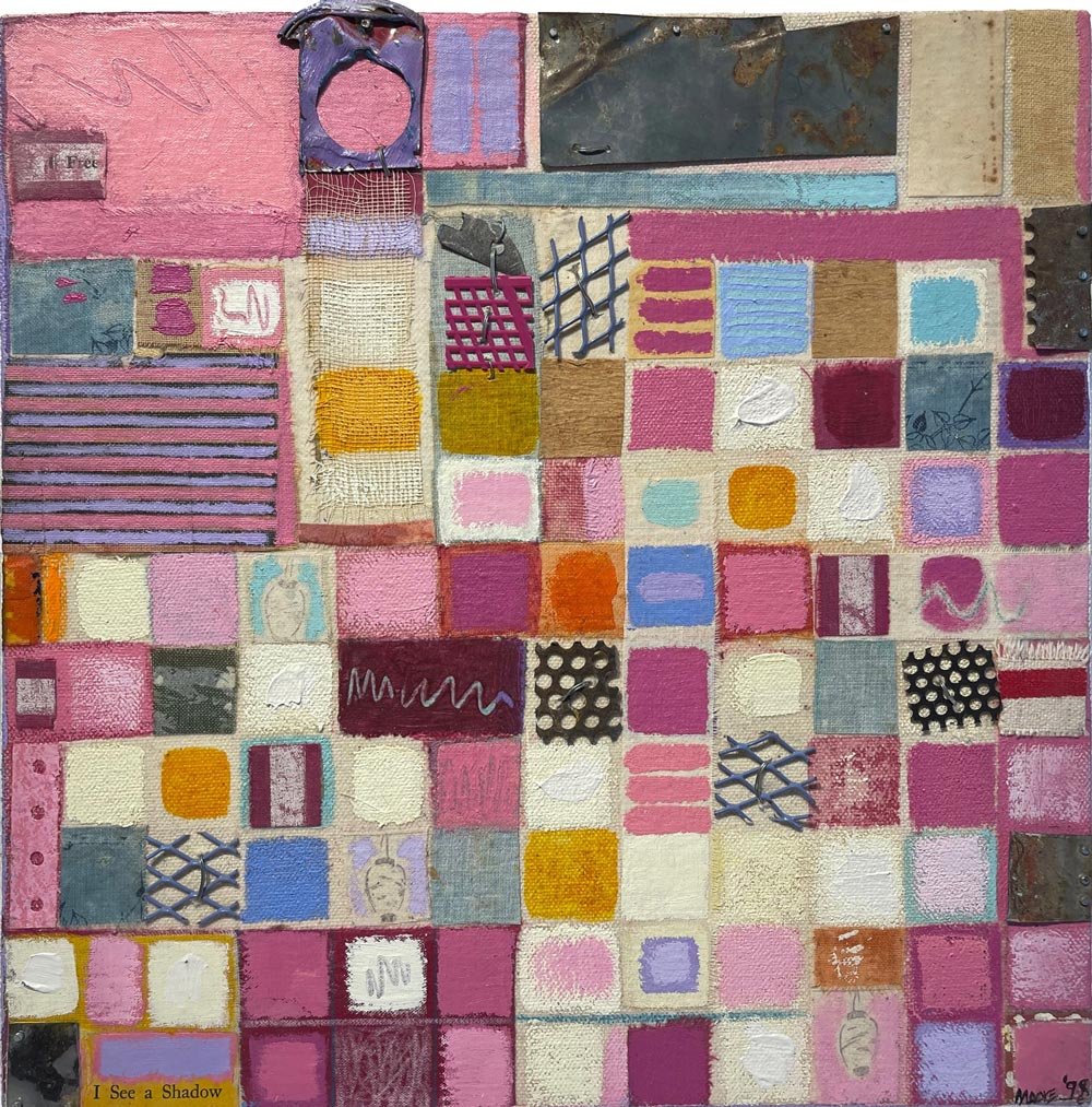 I see Shadow by Fr. Bill Moore, Fr. Bill Moore I see Shadow 1998, Fr. Bill Moore (1949-2020) artwork, acrylic on canvas abstract, square abstract painting, modern shadow art, textured abstract art, 1990s abstract painting, framed small canvas art.